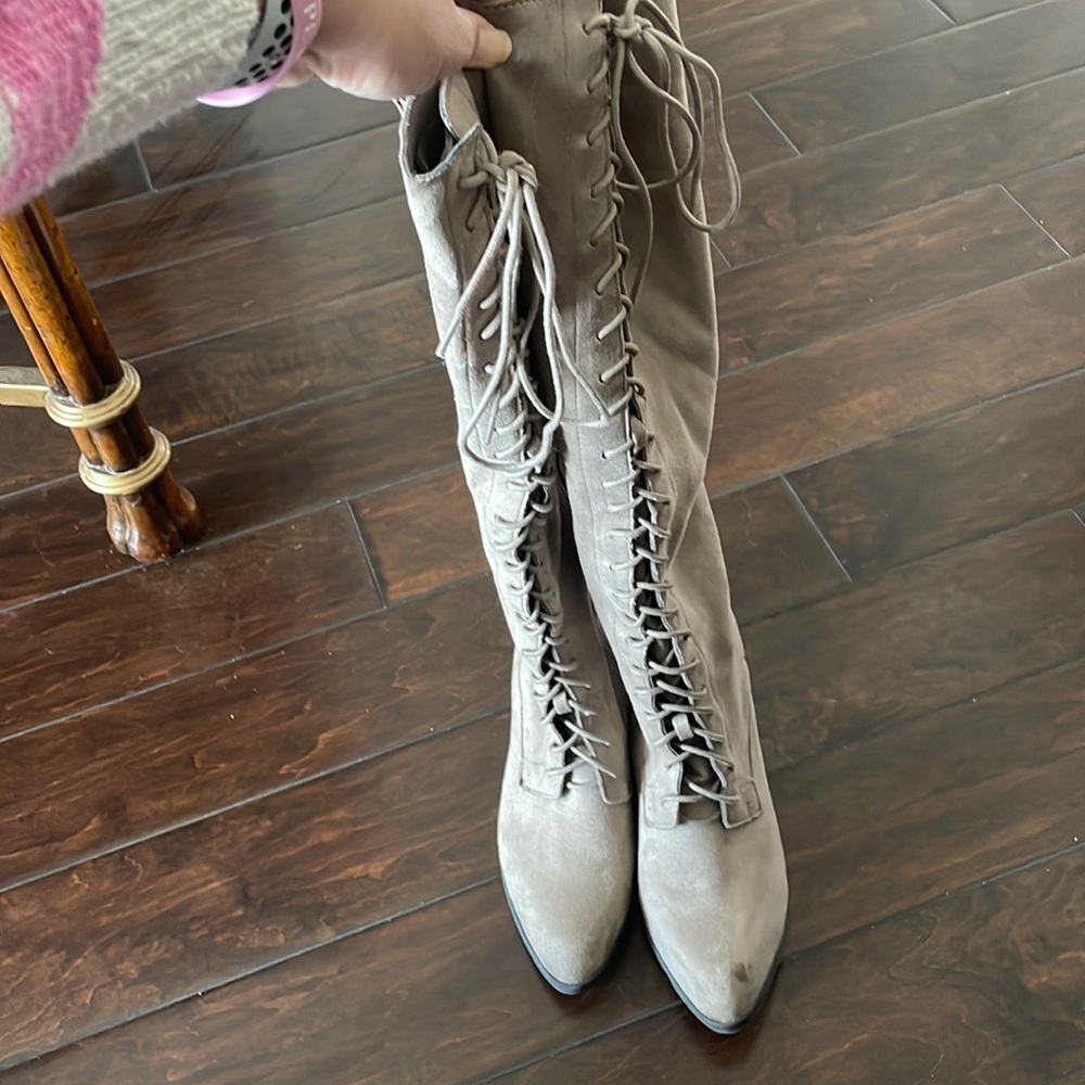 Taupe, knee-high lace front zip up boots